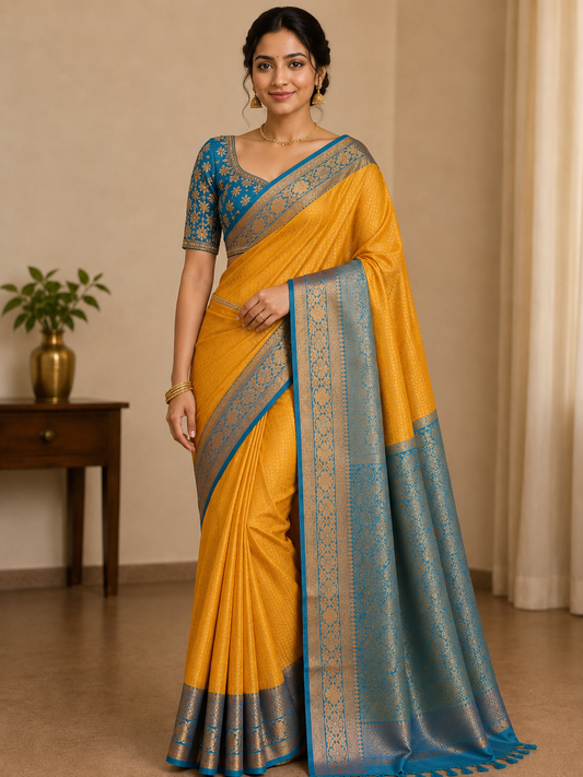 Mustard yellow Gold Kanchipuram Silk Saree