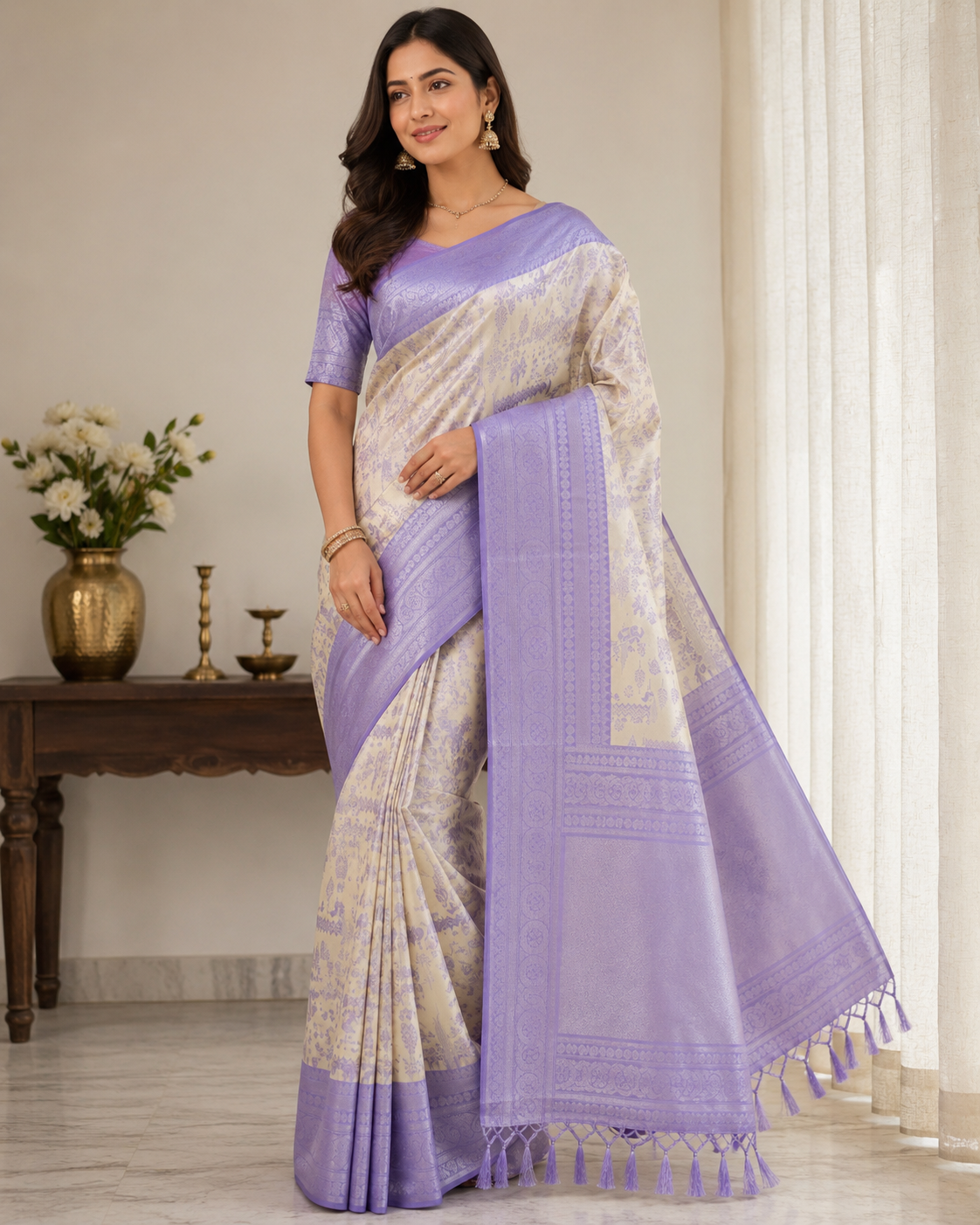 Lavender & Ivory Semi Soft Silk Saree