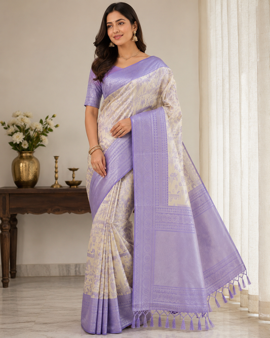 Lavender & Ivory Semi Soft Silk Saree
