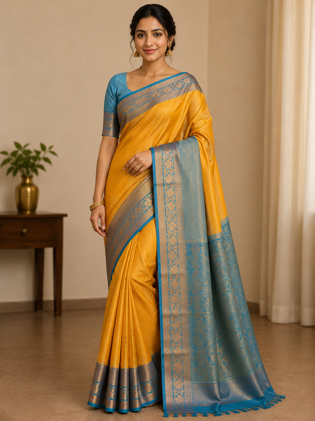 Mustard yellow Gold Kanchipuram Silk Saree
